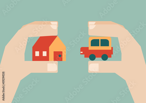 human hands exchanging house and car, vector illustration