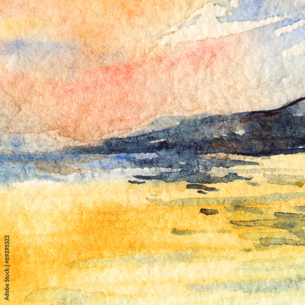 Watercolor sunset blue orange sky clouds sea landscape texture background