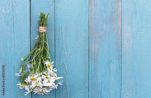 Bouquet of camomile on old blue wooden background