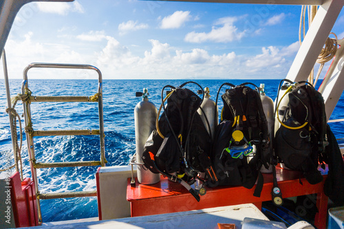 Set of diving equipment on the boat photo