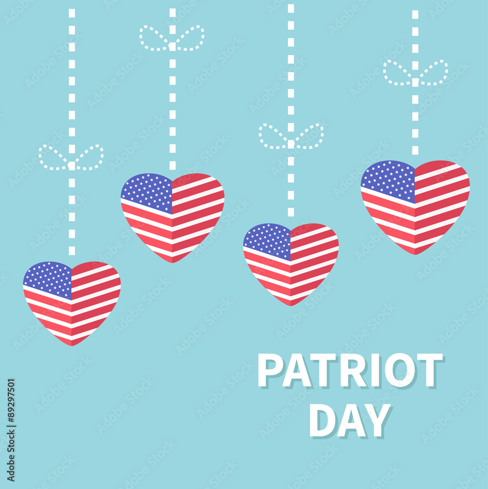 Obraz premium Hanging heart flags Star and strip Patriot day Flat design