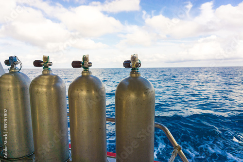 Oxigen tanks on boat for scuba diving