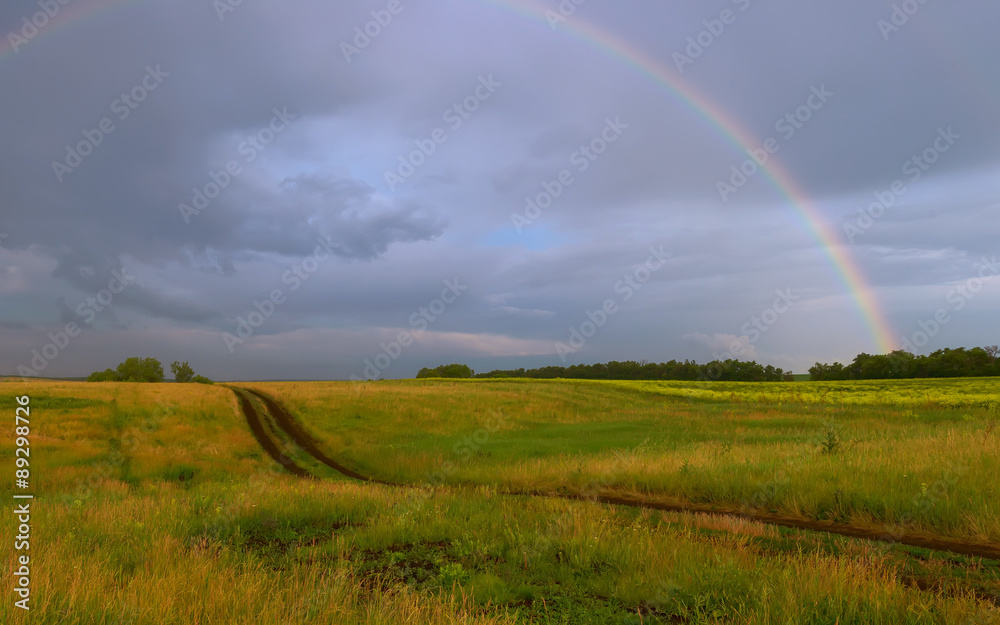 road going into the field on the background of a stormy sky with a rainbow road going into the field on the background of a stormy sky with a rainbow