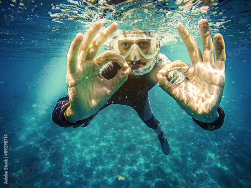 Scuba diver underwater showing ok signal with two hands. photo