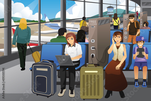 Travelers Charging Their Electronic Devices in an Airport