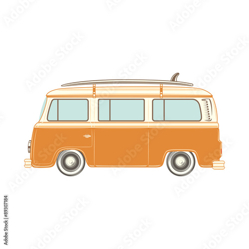 Camper van with surf board.