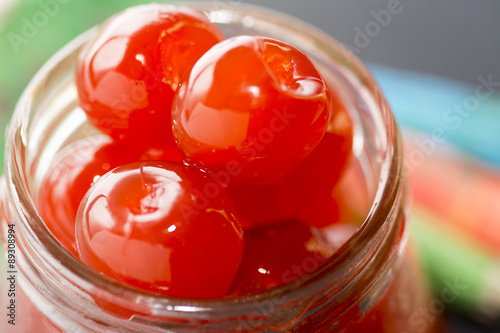 Tableau sur toile Close up of maraschino cherries with room for copy space