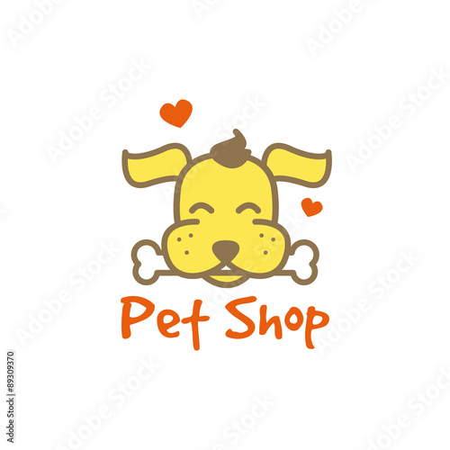Vector cartoon yellow dog with bone logotype. Pet shop logo.