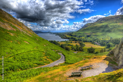 Elevated view Ullswater Lake District Cumbria England UK in summer HDR photo