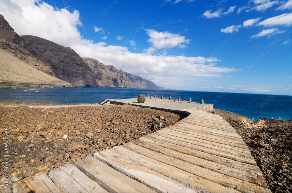 Wooden path walkway in Teno coast, Tenerife, Canary island, Spain.