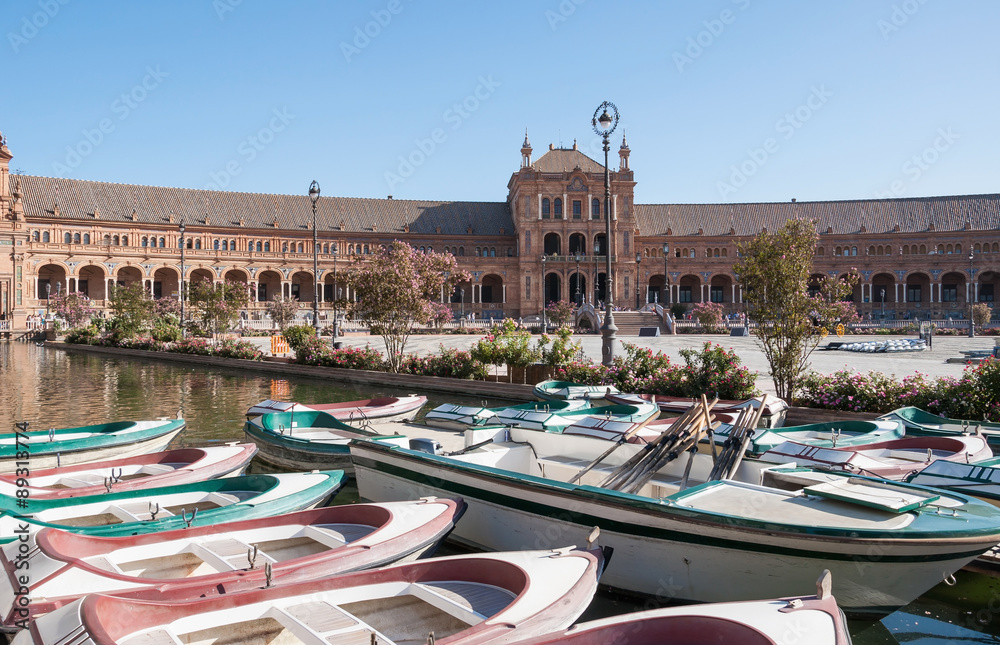Boats at the Plaza de Espana in Seville