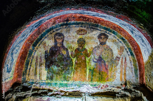 view of interior of famous tourist attraction in naples - catacombs of saint gennaro.
