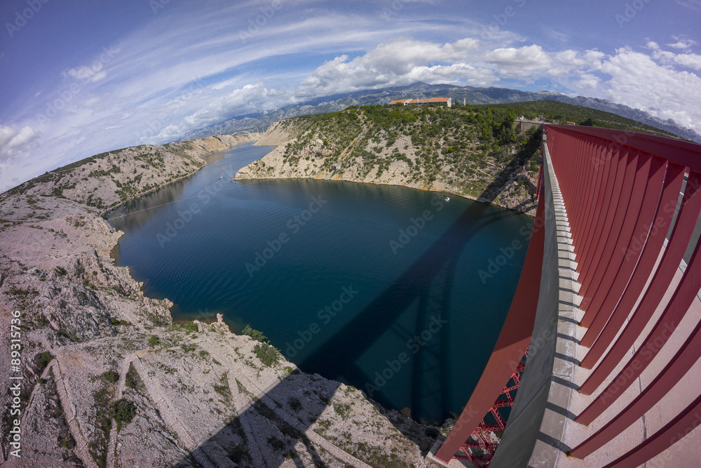 Steel red bridge Maslenica not far from Zadar in Croatia, Dalmatia