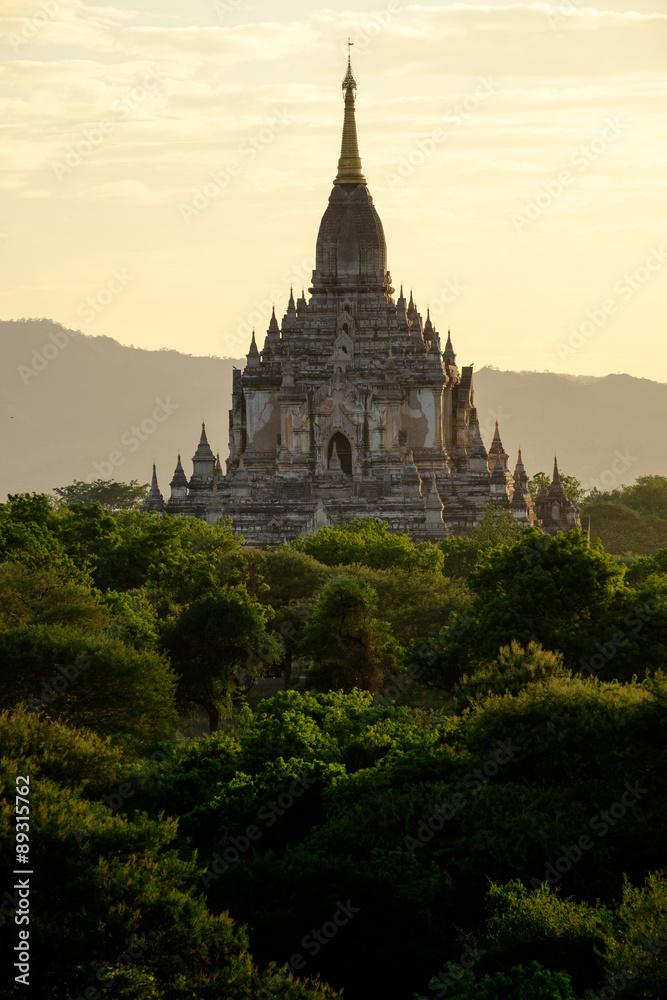 Scenic view of ancient Bagan temple during golden hour, Myanmar