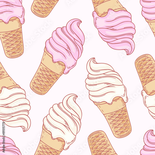 Twisted ice cream cone. Stylized seamless pattern. Vector