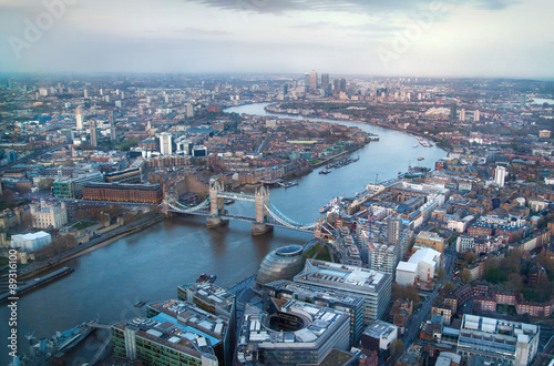 LONDON, UK - APRIL 15, 2015: City of London panorama at sunset, arial view