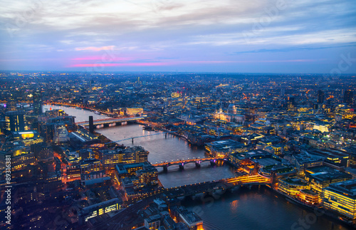 LONDON, UK - APRIL 15, 2015: City of London panorama at sunset, arial view