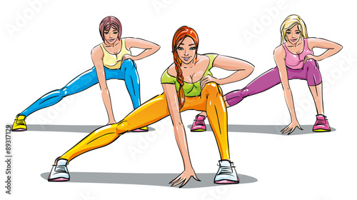 Three girl engaged in fitness club. Group classes. Stretching