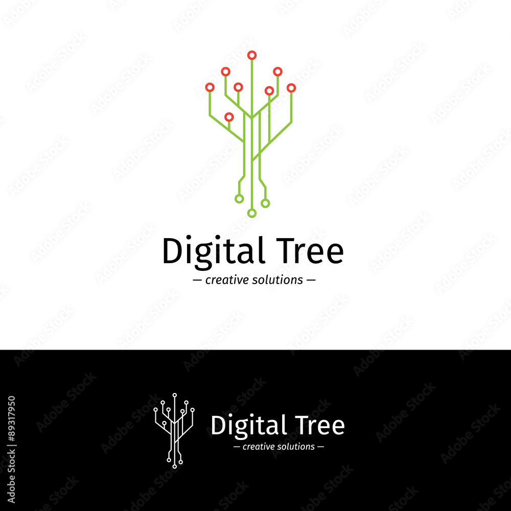 Vector outline digital tree logotype. Digital company logo.