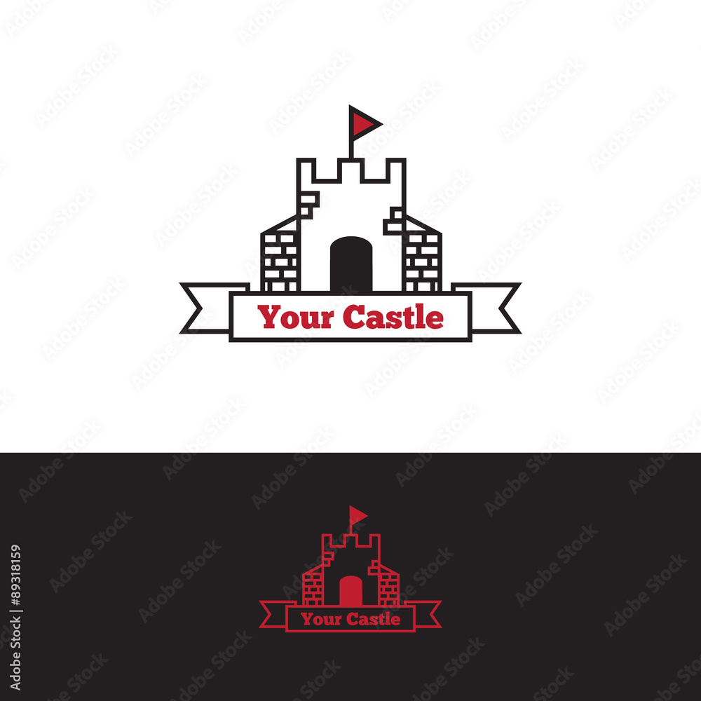 Vector outline castle with red flag logo. Stronghold logotype.