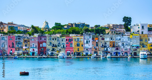 italain island procida is famous for its colorful houses and ancient fortress overlooking whole bay of naples. photo