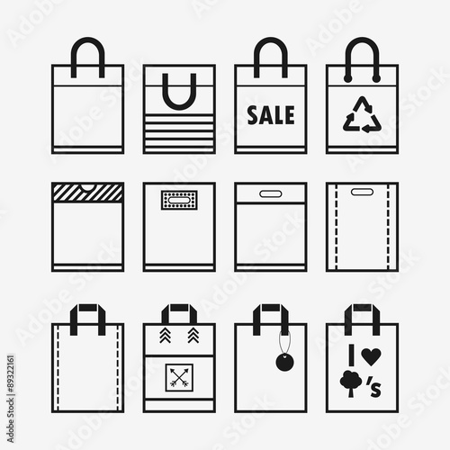 Linear shopping plastic and paper bags icon set on off white background