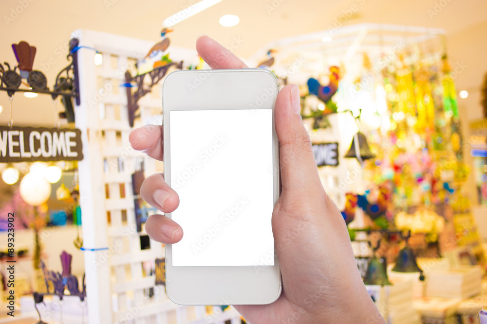 Photo blank. Women hand holding blank mobile smart phone in the Photo blank. Women hand holding blank mobile smart phone in the