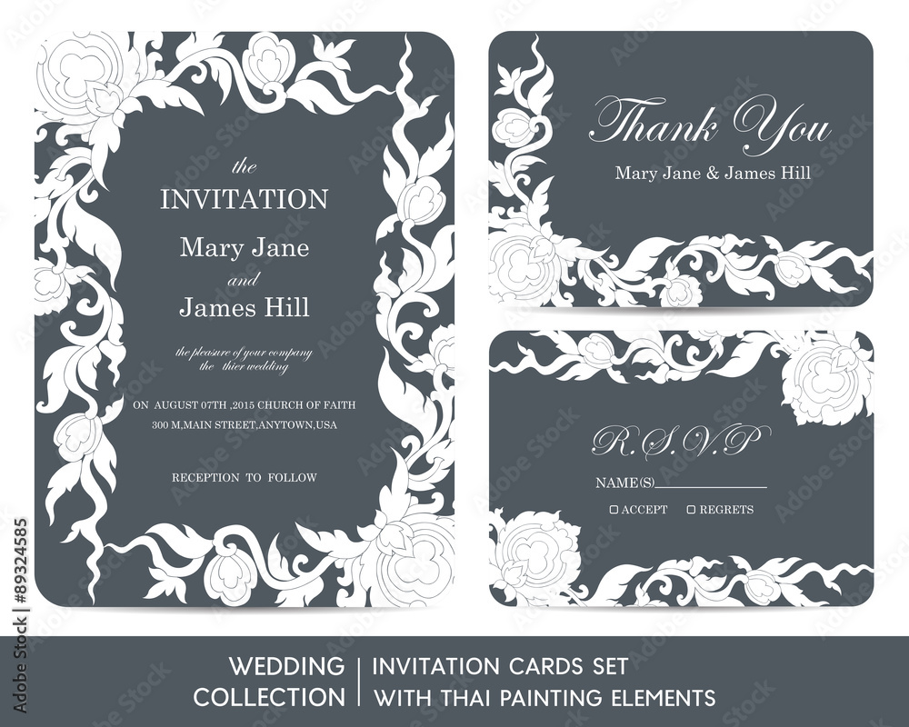 Wedding invitation cards set with thai painting elements Wedding invitation cards set with thai painting elements