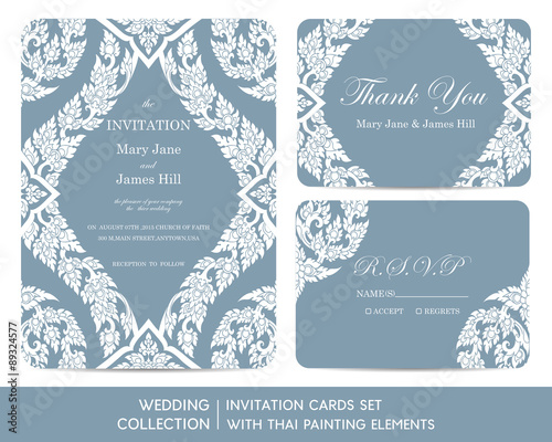 Wedding invitation cards set with thai painting elements