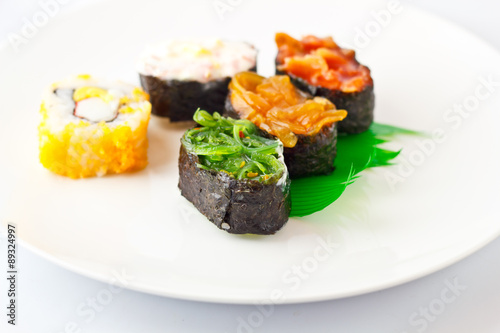 Sushi Assortment On White Dish, close up