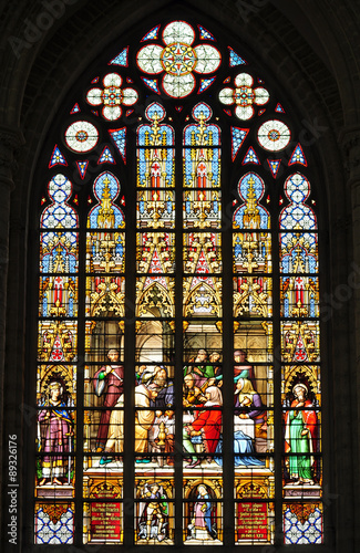 Stained glass window at the Cathedral of St. Michael and St. Gudula in Brussels, Belgium