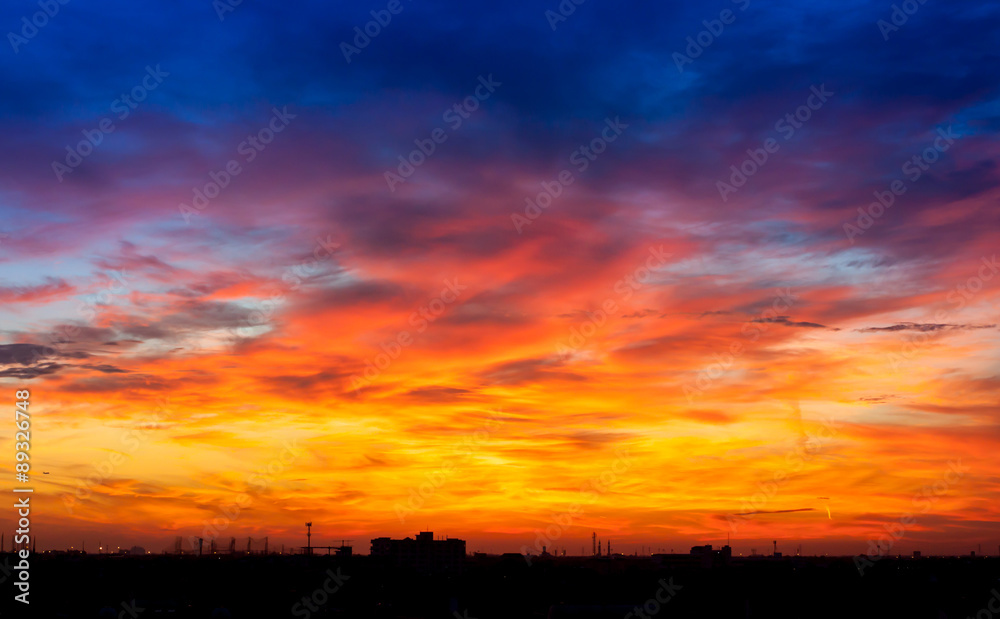 Fiery orange sunset sky. Beautiful sky.