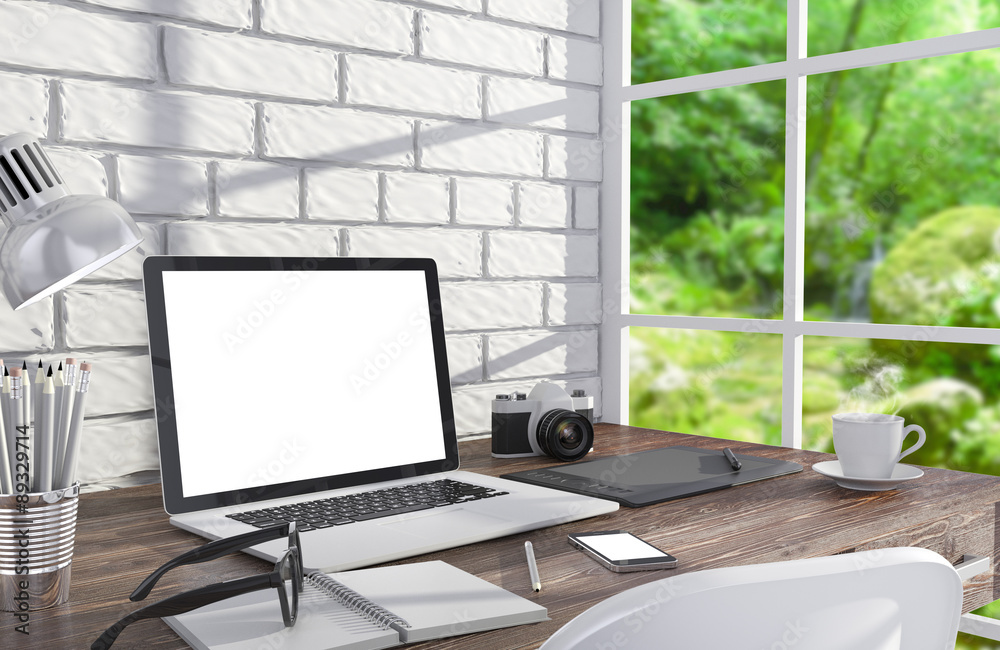3D illustration laptopand work stuff on table near brick wall 3D illustration laptopand work stuff on table near brick wall