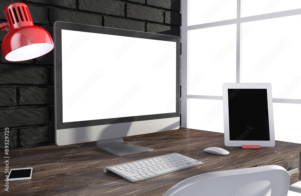 Fototapeta premium 3D illustration PC screen on table in office, Workspace