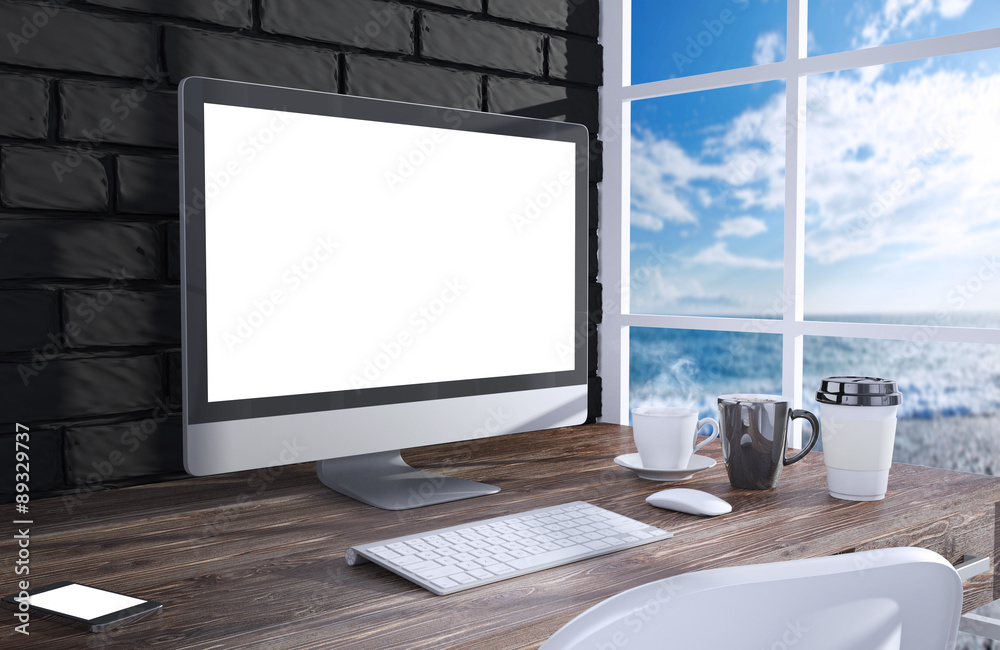 Fototapeta premium 3D illustration PC screen on table in office, Workspace