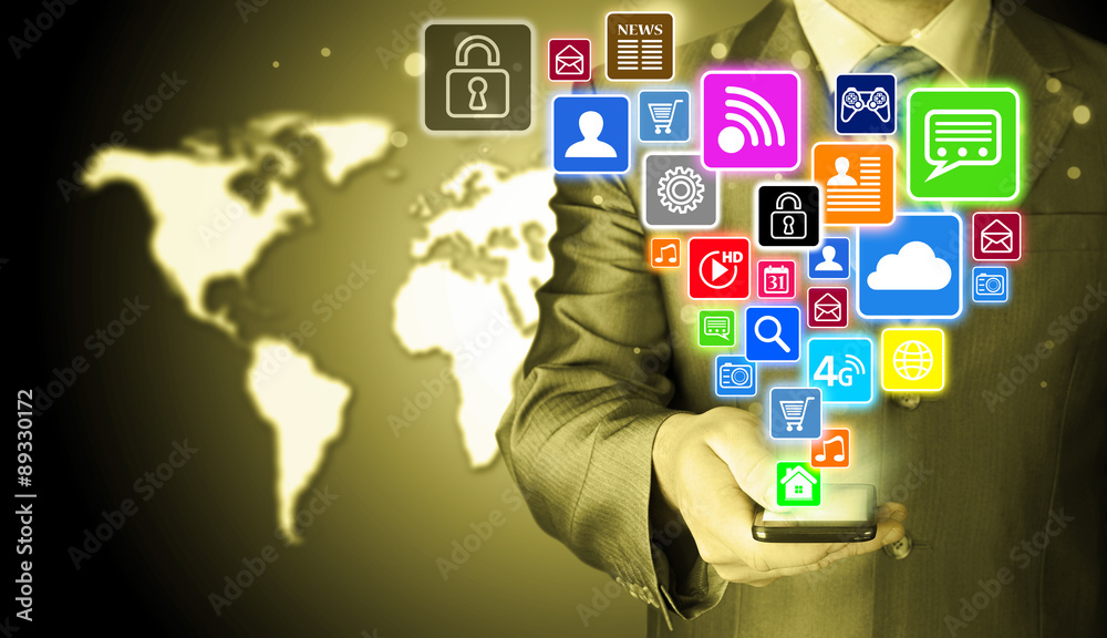 Business man using smart phone with social media icon set Business man using smart phone with social media icon set
