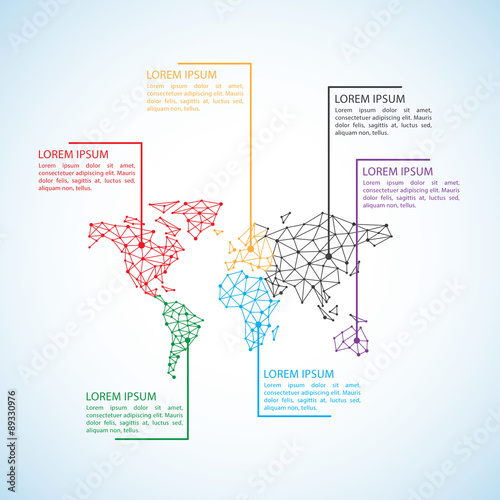 Stylized low poly World Map concept with wired construction of connection concept. Globes business infographics background. Vector illustration.