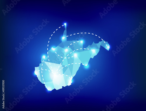 West Virginia state map polygonal with spot lights places