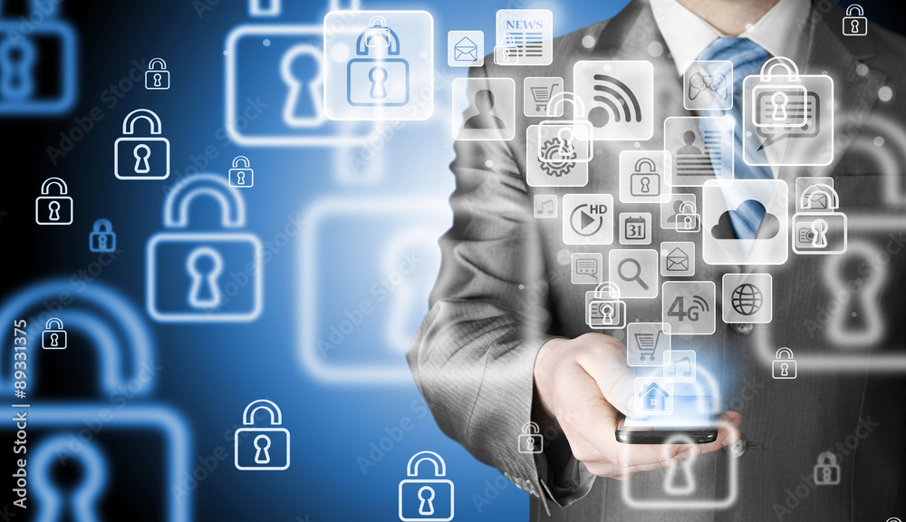Business man using smart phone with social media icon set Business man using smart phone with social media icon set