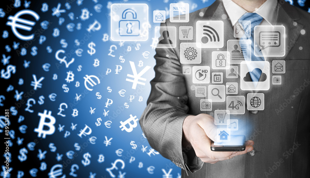 Business man using smart phone with social media icon set Business man using smart phone with social media icon set