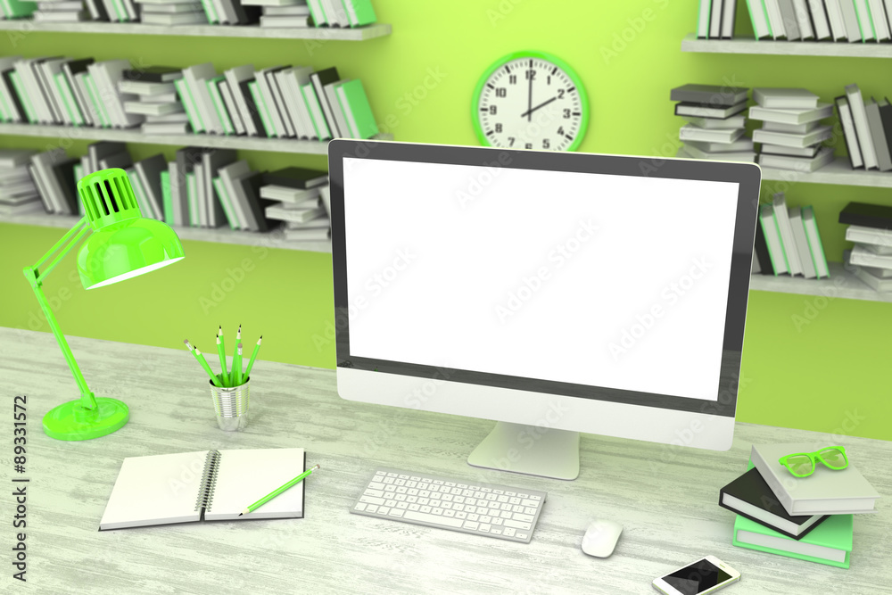 3D illustration PC screen on table in office, Workspace 3D illustration PC screen on table in office, Workspace