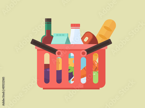Shopping basket with fresh food and drink.