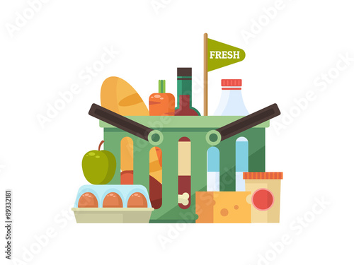 Shopping basket with fresh food and drink.