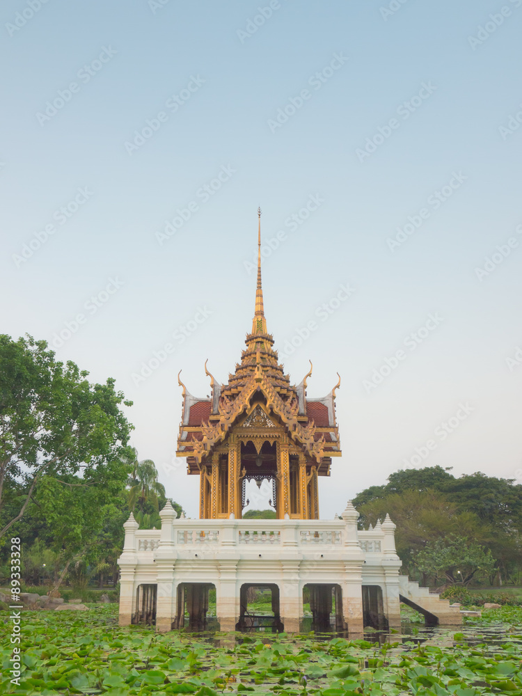 Thai Royal style golden pavilion in lotus pond at Suan Luang Ram