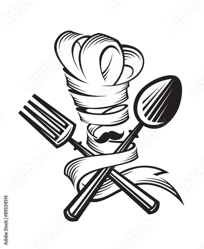 monochrome illustrations of spoon, fork and chef