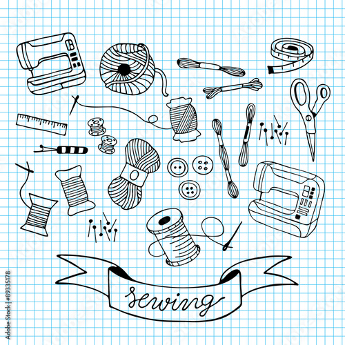 sewing doodle illustration on blue grid