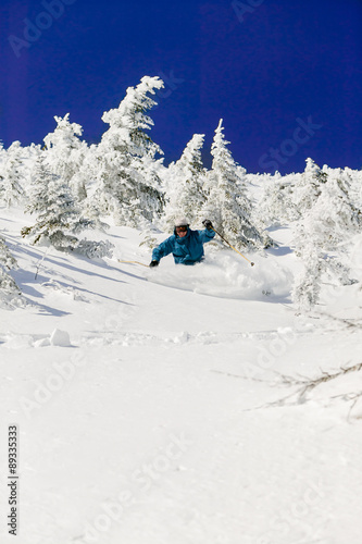 Expert skier skiing powder, Stowe, Vermont, USA