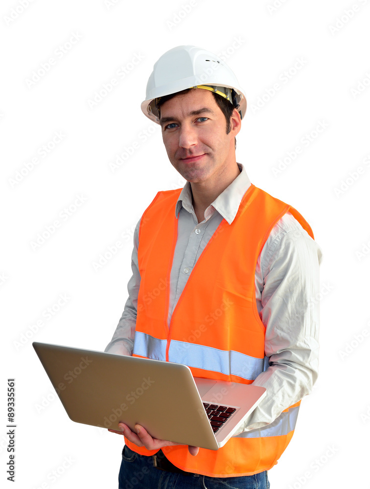 Architekt / Bauleiter / Ingenieur mit Notebook und Warnweste/ Schutzhelm - isoliert Freisteller Architekt / Bauleiter / Ingenieur mit Notebook und Warnweste/ Schutzhelm - isoliert Freisteller