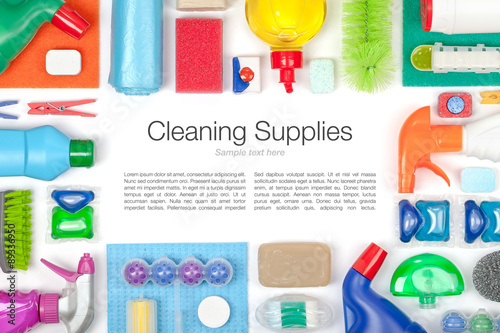 cleaning supplies on white background 