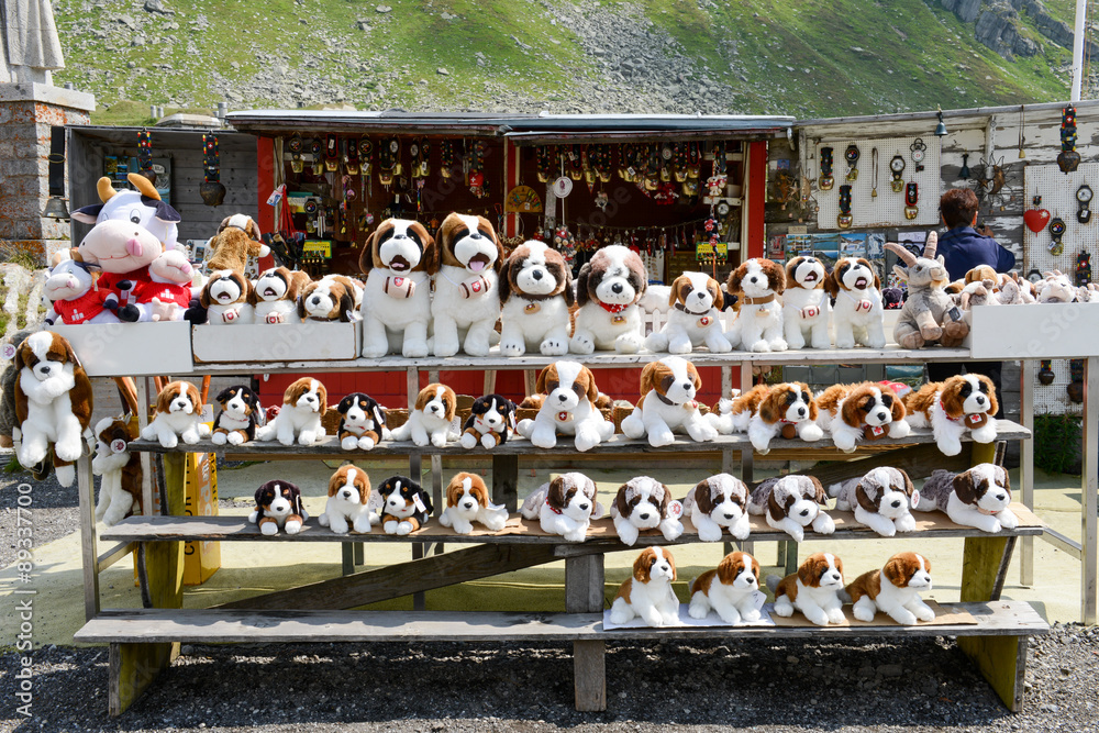 Plush dog Saint Bernard at a market on mount St. Gotthard